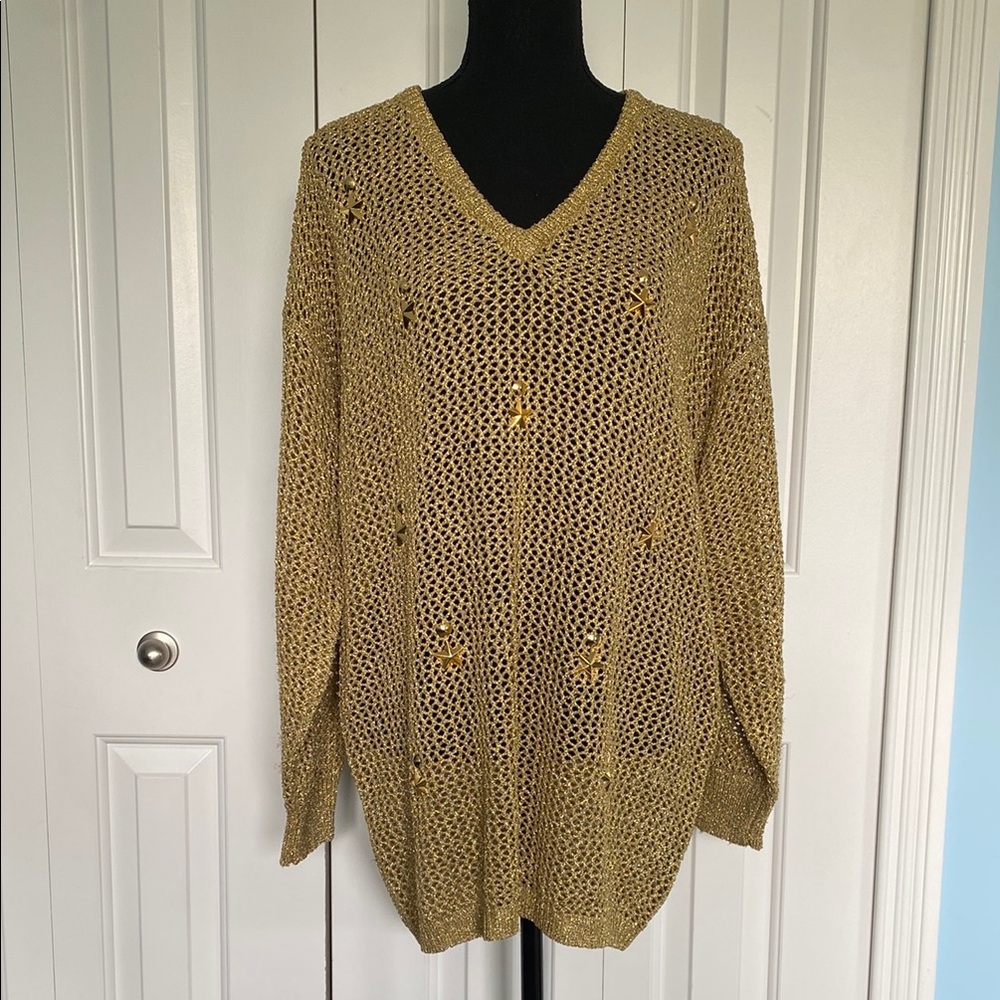 XES-NY 2X Gold Knit Woven Sweater Top With Stars